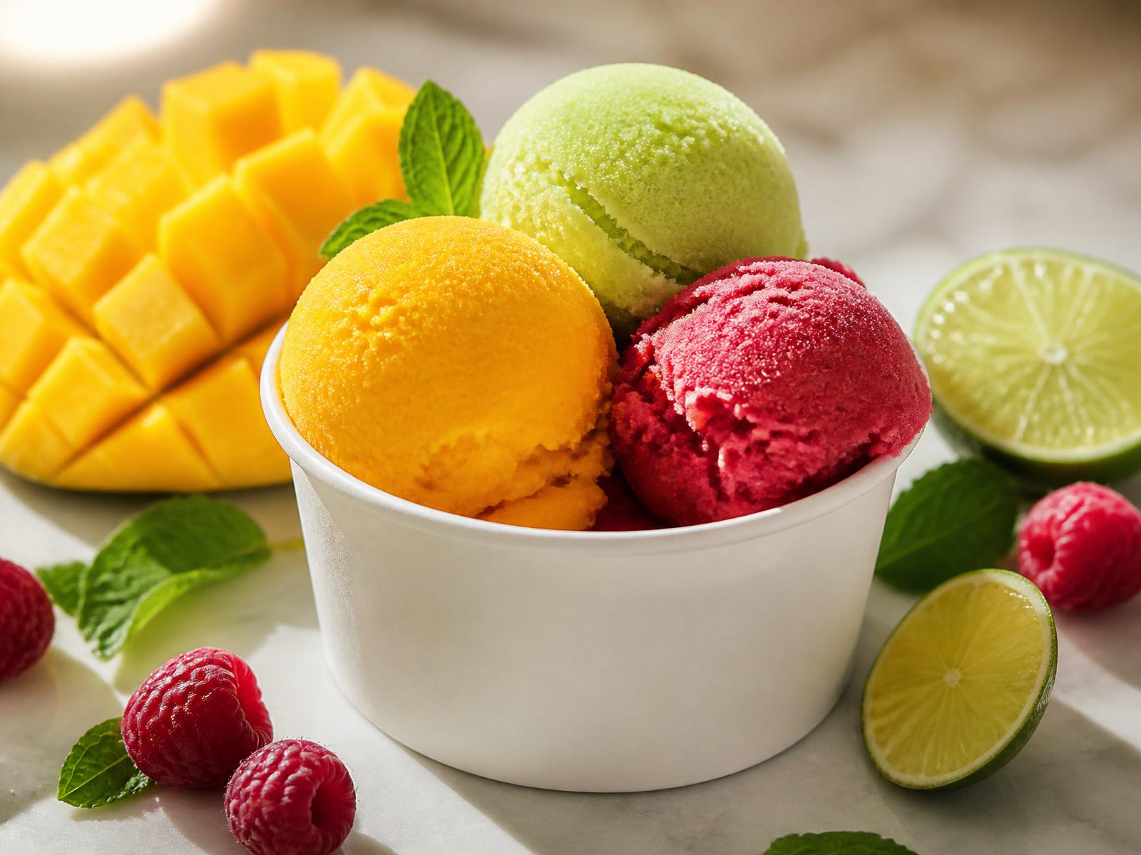 Three scoops of mango, raspberry and lime sorbet in a white cup surrounded by fresh fruit